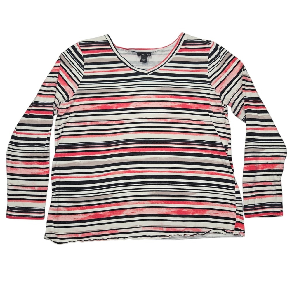 Erika V-Neck Long Sleeve Top Multi-Color Horizontal Stripe Sz L